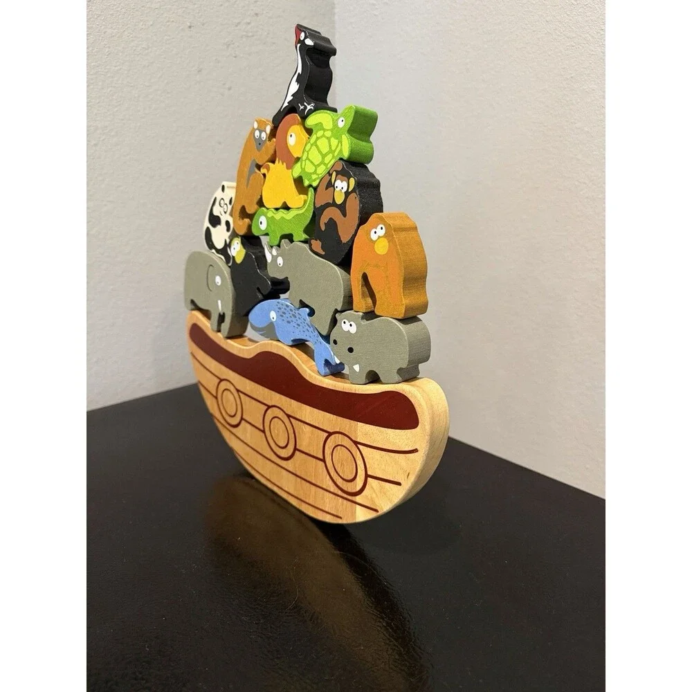 Wooden Noah’s Ark Balancing Animal Stacker Toy With 13 Animals.